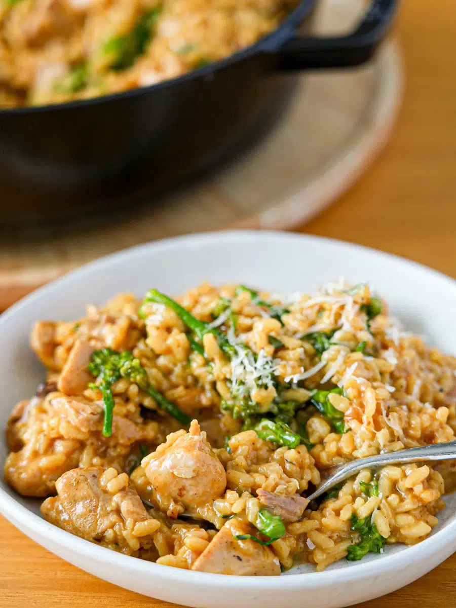 Cheesy Chicken and Broccolini Rice in bowl