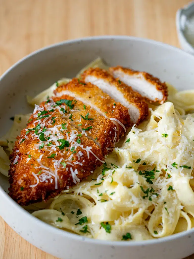 Side view close-up of plated crispy chicken fettuccine Alfredo with a creamy sauce and garnish.