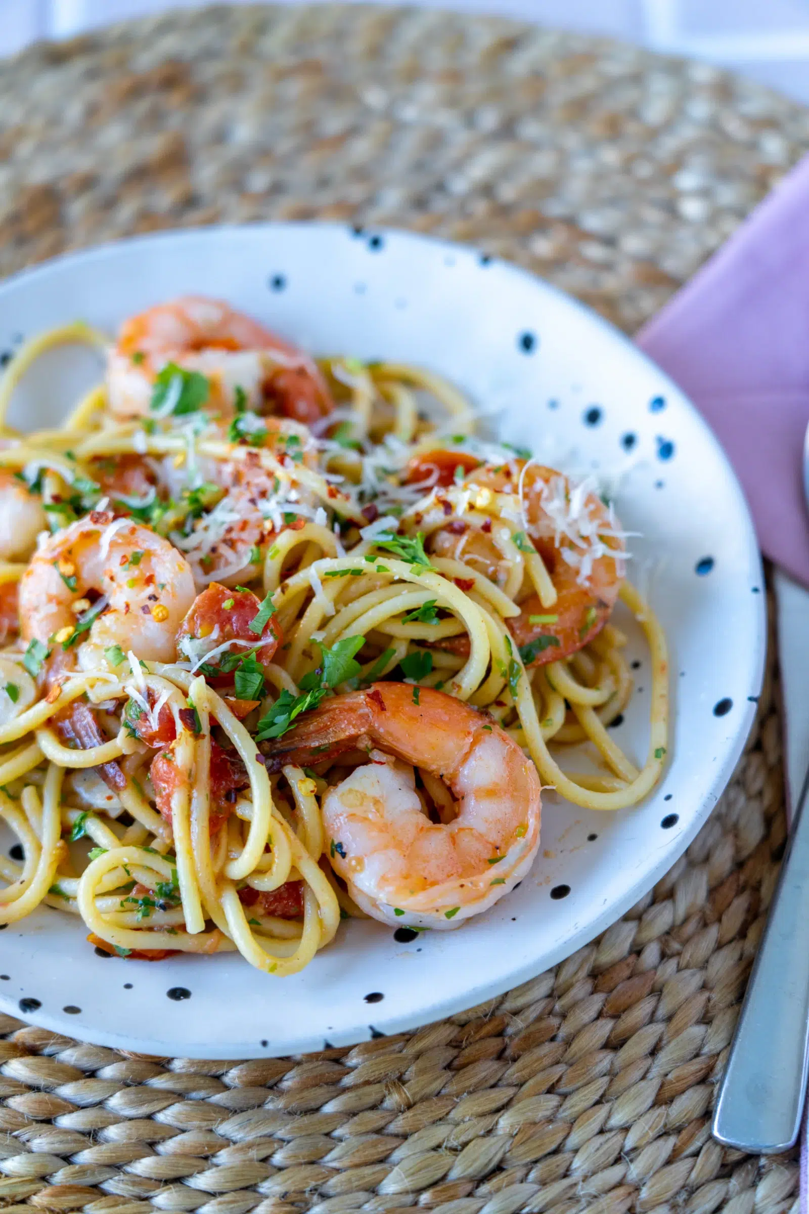 Garlic Prawn Olive Oil Spaghetti with Parmesan and Chilli Flakes
