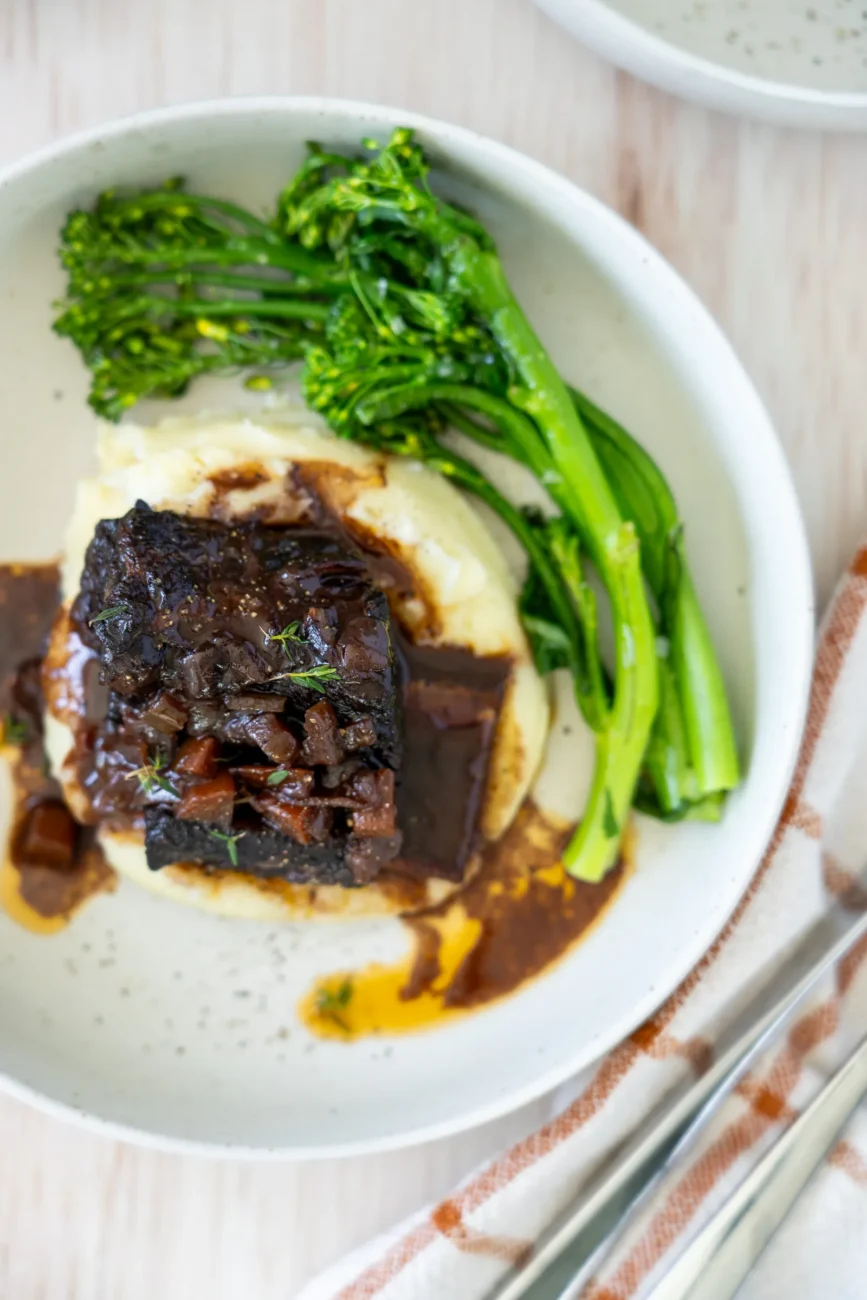 Red Wine Braised Beef Short Ribs with broccolini and mashed potato